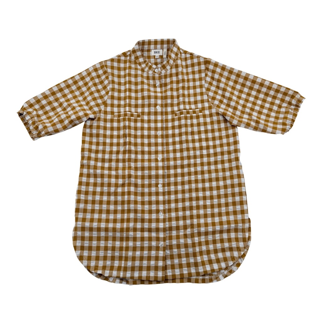 BKE Eased Mustard Yellow Gingham Check Mandarin Collar Button Up Shirt Small